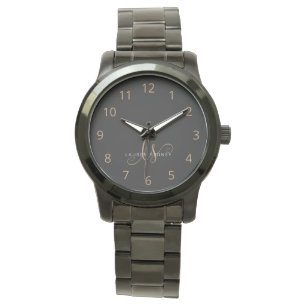 Modern Black Gold Feminine Script Monogrammed Watch