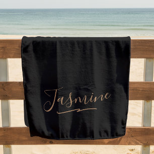 Modern Black Gold Feminine Script Name Beach Towel