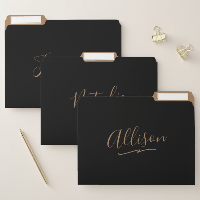 Modern Black Gold Feminine Script Name  File Folder (Set)