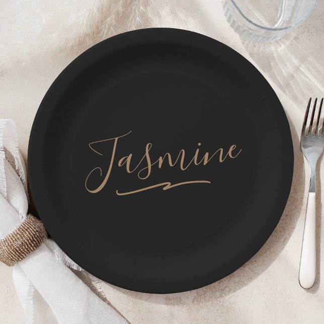 Modern Black Gold Feminine Script Name Paper Plates (Creator Uploaded)