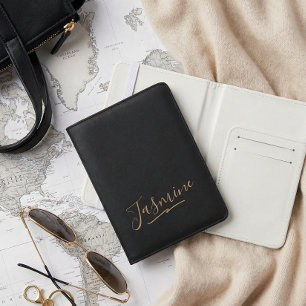 Modern Black Gold Feminine Script Name Passport Holder