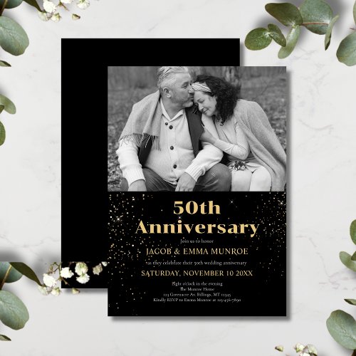 Modern Black Gold Fiftieth Anniversary Photo  Invitation