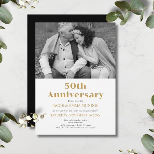 Modern Black Gold Fiftieth Anniversary Photo  Invitation