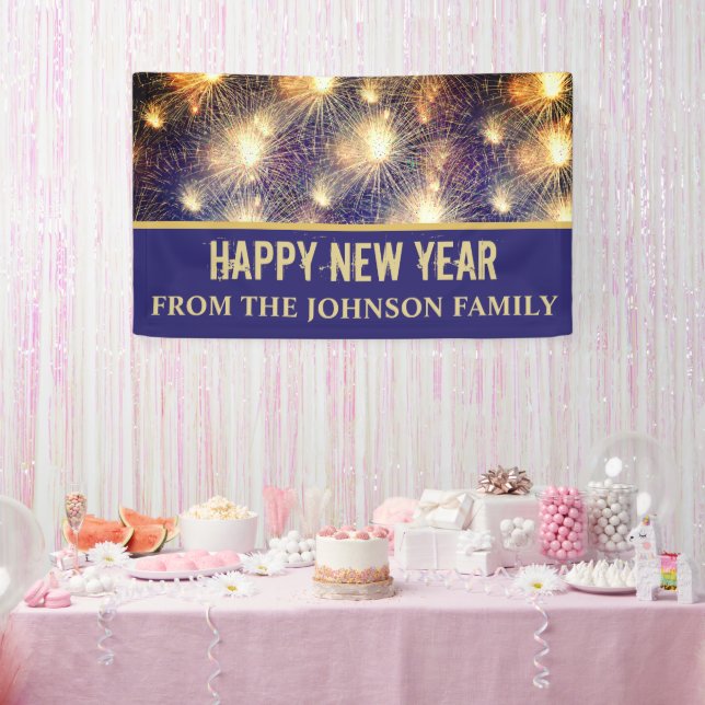 Modern Black & Gold Fireworks New Years Eve Party Banner
