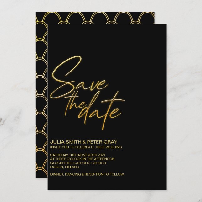 Modern Black & Gold Flat Save The Date Invitation (Front/Back)