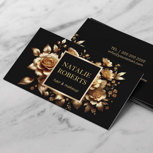 Modern Black  Gold Floral Beauty Salon Luxury Business Card