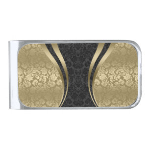 Modern Black & Gold Floral Damasks Wristlet Silver Finish Money Clip