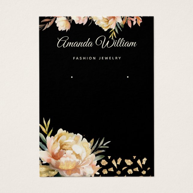 Modern Black & Gold floral earring display card (Front)
