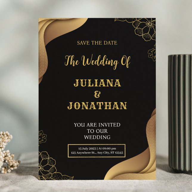 Modern Black Gold Floral Elegant Wedding Invitation (Creator Uploaded)