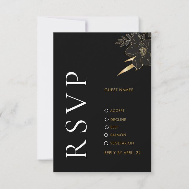 Modern Black Gold Floral Elegant Wedding RSVP Card (Front)