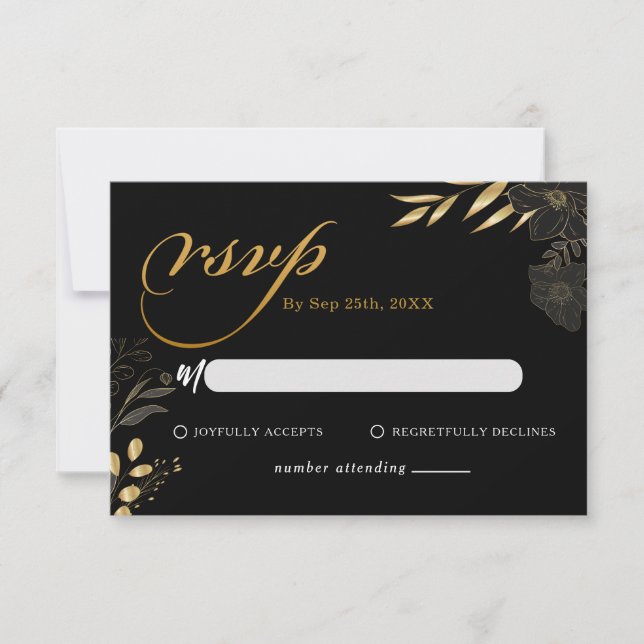 Modern Black Gold Floral Elegant Wedding RSVP Note Card (Front)