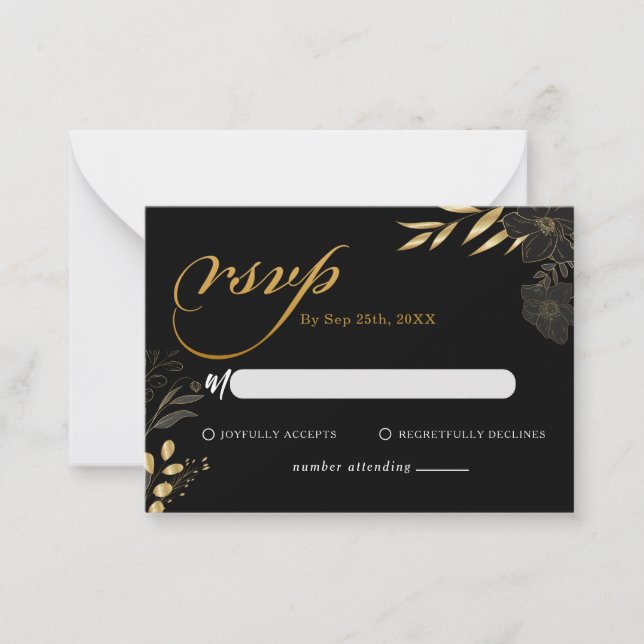 Modern Black Gold Floral Elegant Wedding RSVP Note Card (Front)