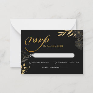 Modern Black Gold Floral Elegant Wedding RSVP Note Card