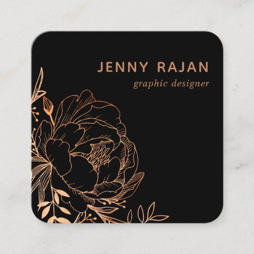 Modern Black Gold Floral Line Art Graphic Design Square Business Card