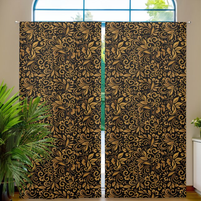 Modern Black Gold Floral Pattern  Blackout Curtains (Modern Black Gold Floral Pattern Blackout Curtains)