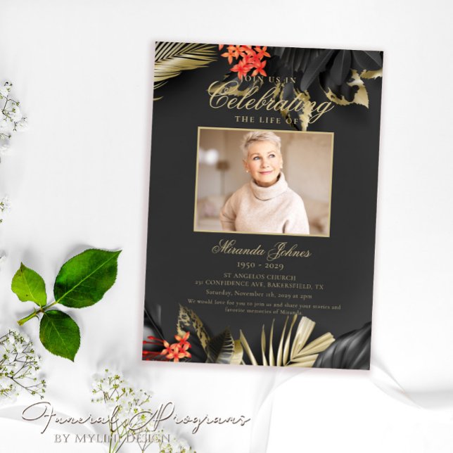 Modern Black Gold Floral Photo Funeral Invitation (Creator Uploaded)