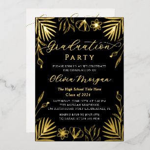 Modern Black Gold Floral Script Graduation Photo F Foil Invitation