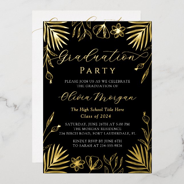 Modern Black Gold Floral Script Graduation Photo F Foil Invitation (Front/Back)