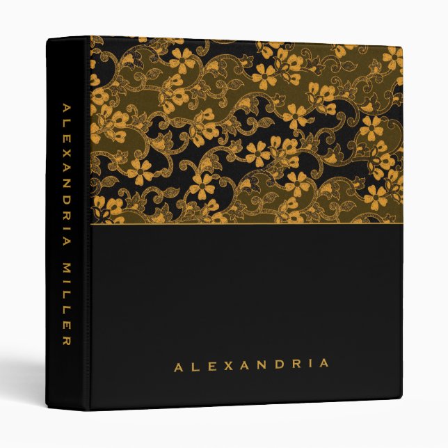 Modern Black & Gold Floral Tapestry | Custom Name 3 Ring Binder (Front/Spine)