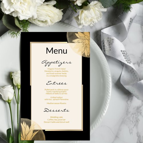 Modern Black Gold Floral Wedding Menu 