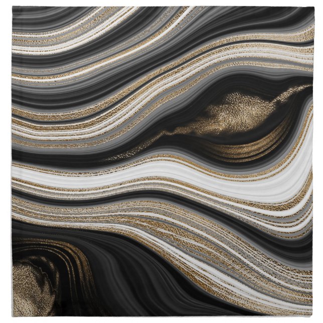 Modern black gold fluid marble cloth napkin (Front)