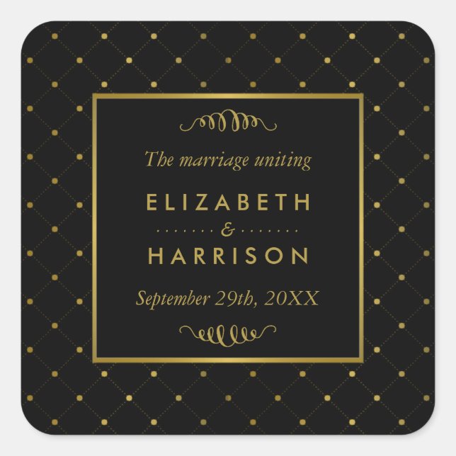 Modern Black & Gold Foil Effect Wedding Favor Square Sticker (Front)