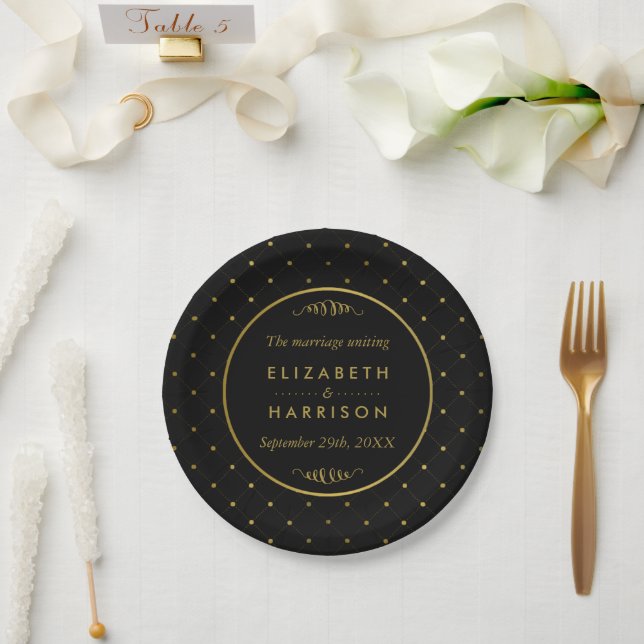 Modern Black & Gold Foil Effect Wedding Paper Plates (Wedding)