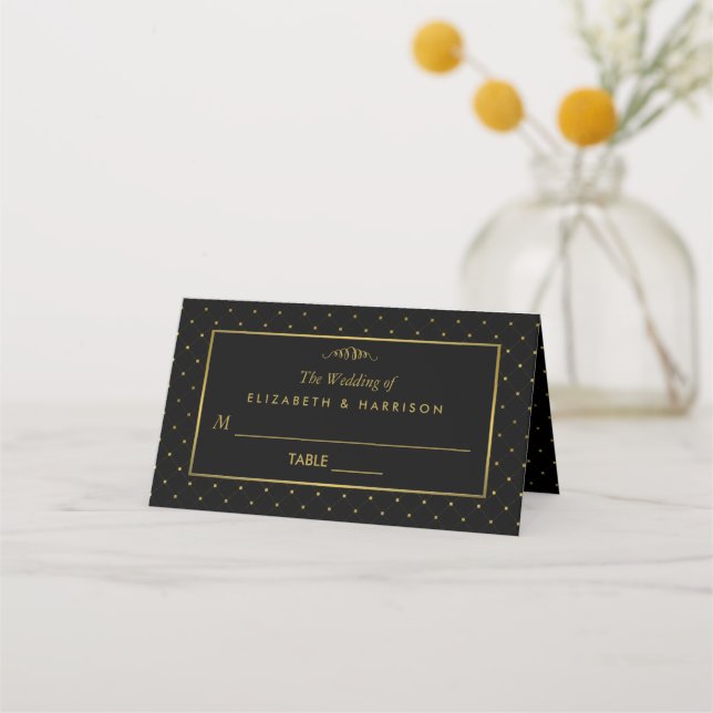 Modern Black & Gold Foil Effect Wedding Place Card (Front)