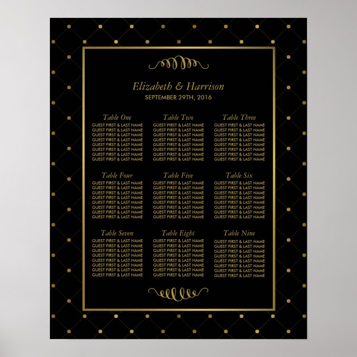 Modern Black & Gold Foil Effect Wedding Table Plan Poster Zazzle