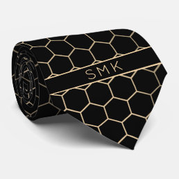 Modern Black Gold Foil Geometric Monogram Neck Tie