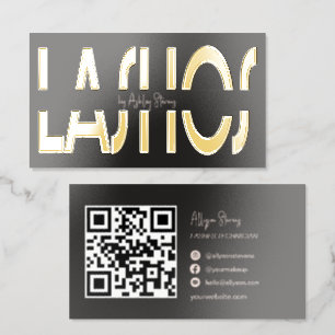 Modern Black Gold Foil Lashes Artist QR Code Business Cards