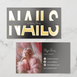 Modern Black Gold Foil Nails Artist Photo Business Cards
