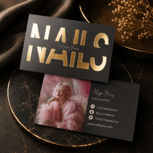 Modern Black Gold Foil Nails Artist Photo Business Cards
