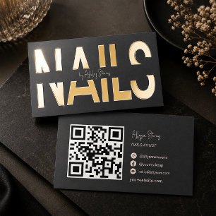 Modern Black Gold Foil Nails Artist QR Code Business Cards
