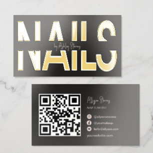 Modern Black Gold Foil Nails Artist QR Code Business Cards
