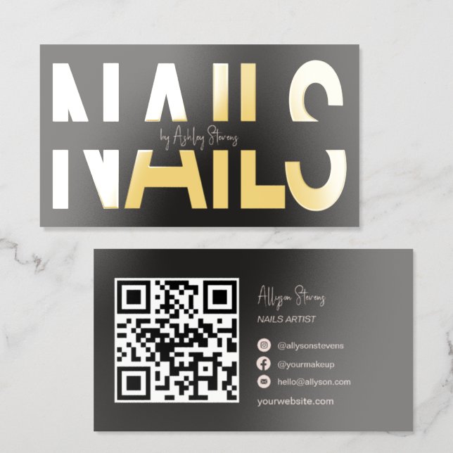 Modern Black Gold Foil Nails Artist QR Code  Business Cards (Front & Back)