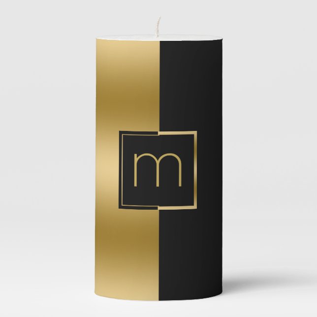 Modern Black & Gold Geometric Design Monogram Pillar Candle (Front)