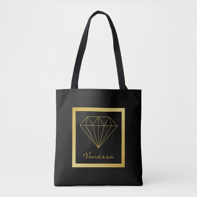 Modern Black Gold Geometric Diamond Tote Bag (Front)