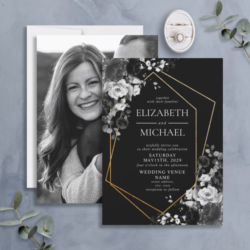 Modern Black Gold Geometric Floral Photo Wedding Invitation