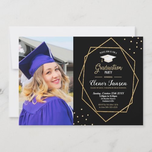 Modern Black Gold Geometric Graduation Party Photo Invitation