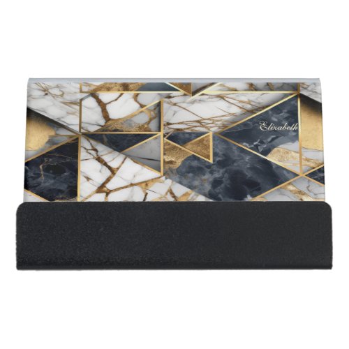 Modern Black Gold Geometric Marble Desk Business Card Holder
