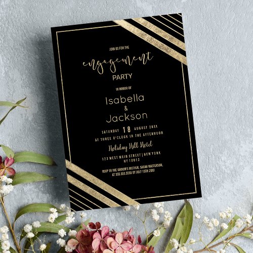 Modern black gold geometrical Engagement Party Invitation