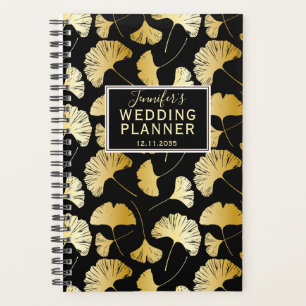 Modern black & Gold Ginkgo Pattern Wedding Planner