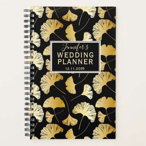 Modern black  Gold Ginkgo Pattern Wedding Planner