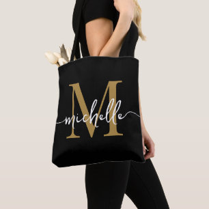 Modern Black Gold Girly Chic Monogram Name Tote Bag