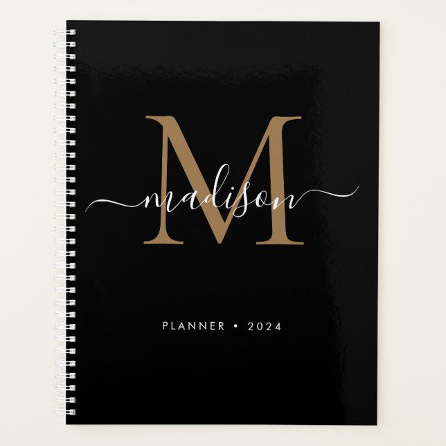 Modern Black Gold Girly Monogram Script Name 2024 Planner (Front)