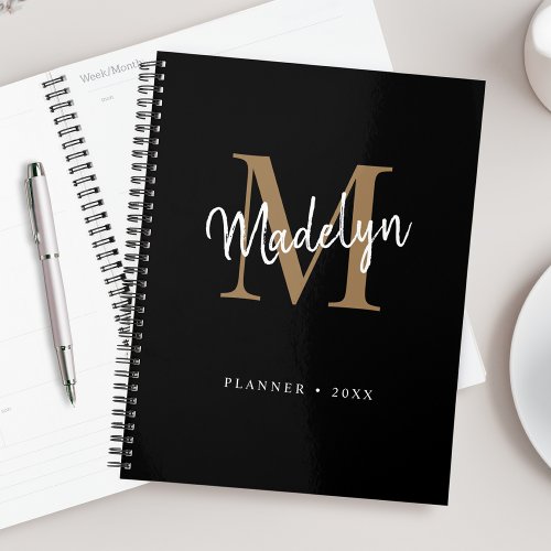 Modern Black Gold Girly Monogram Script Name Planner