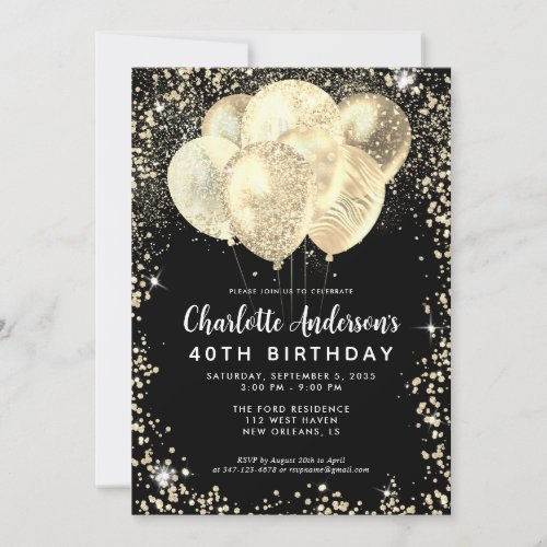 Modern Black Gold Glam Glitter Balloon Birthday Invitation