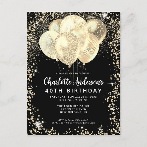 Modern Black Gold Glam Glitter Balloon Birthday Postcard