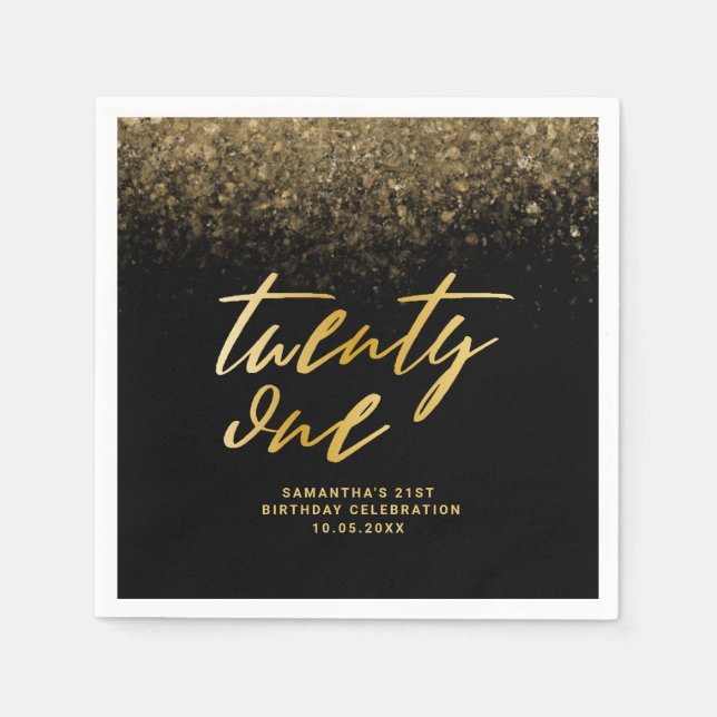 Modern Black & Gold Glitter 21st Birthday Party Napkins (Front)